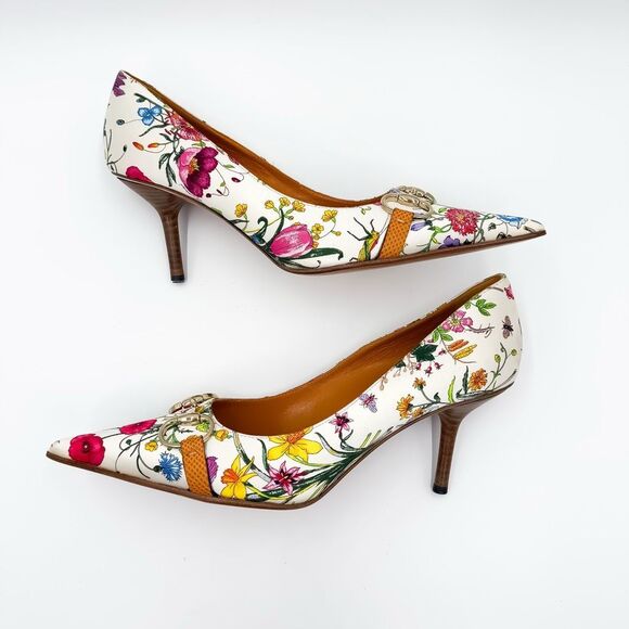 Gucci Horsebit Floral Pointed Toe Pumps Heels Satin Size 9 - Picture 6 of 15
